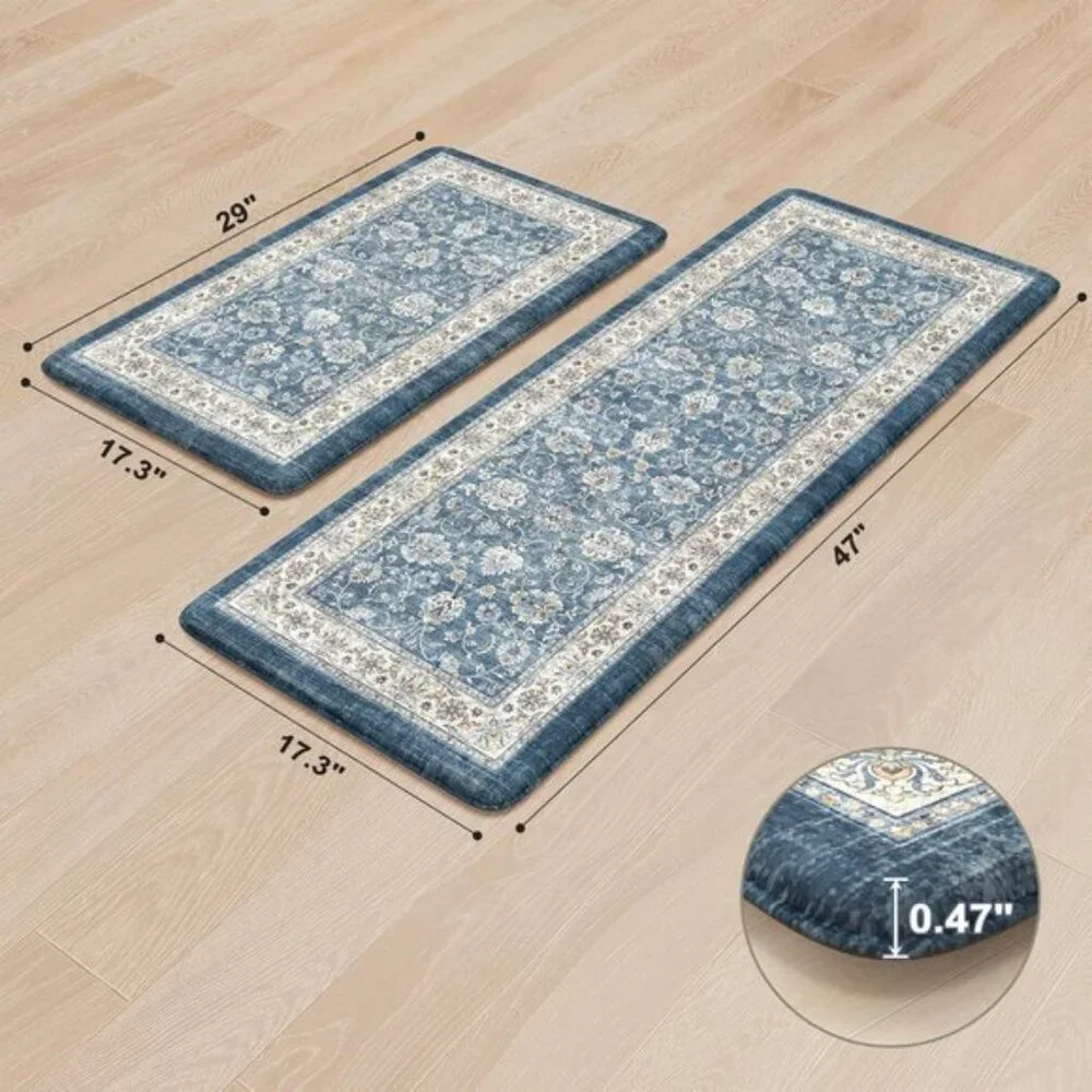 New 2Pcs Blue Kitchen Mat Set, Anti Fatigue Waterproof Area Rugs for Floor